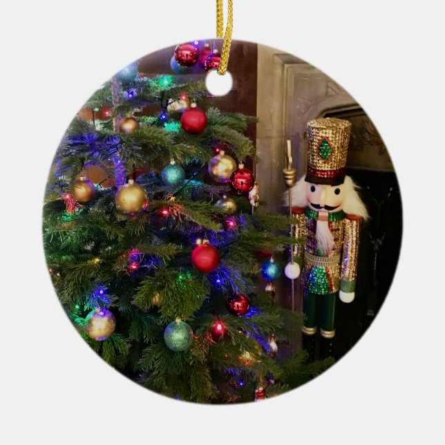 Sequined Nutcracker Soldier and Christmas Tree Ceramic Tree Decoration (Front)