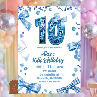 Sequins Blue Bow Double Digits Girl 10 Birthday Invitation
