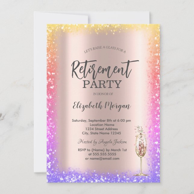 Sequins Colourful Frame Rose Gold Retirement  Invitation (Front)