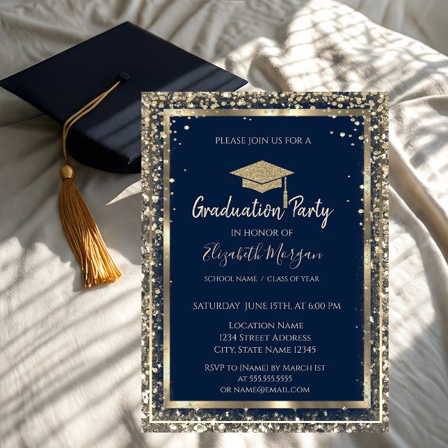 Sequins Diamonds Gold Grad Cap Blue Graduation Invitation (Creator Uploaded)