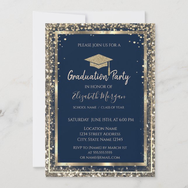 Sequins Diamonds Gold Grad Cap Blue Graduation Invitation (Front)