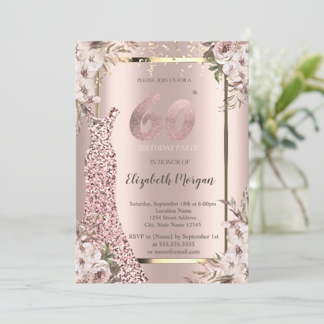 Sequins Dress Blush Flowers 60th Birthday Invitation (Standing Front)