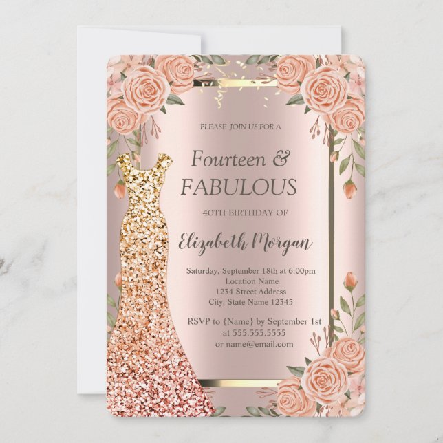 Sequins Dress Boho Flowers 40th Birthday   Invitation (Front)