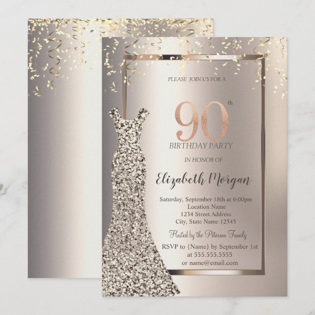 Sequins Dress Confetti Ivory 90th Birthday Invitation (Front/Back)