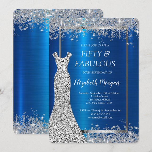 Sequins Dress Glitter Confetti Blue Metallic 50th  Invitation (Front/Back)