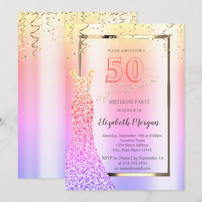 Sequins Dress Ombre 50th Birthday  Invitation (Front/Back)