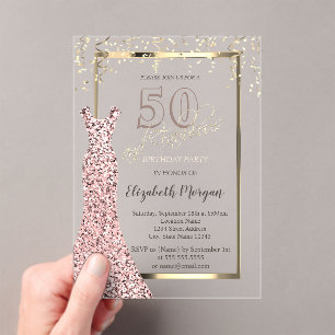 Sequins Dress Rose Gold 50th Birthday Acrylic Invitations