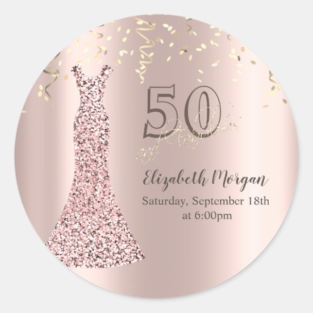 Sequins Dress Rose Gold 50th Birthday Classic Round Sticker (Front)