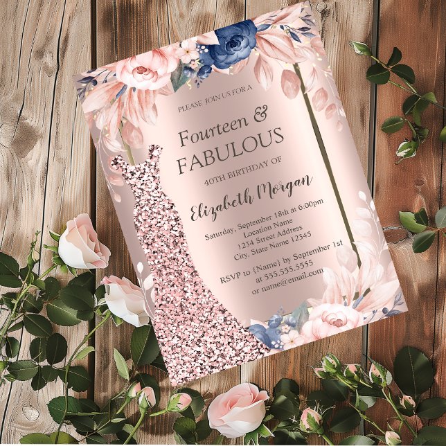 Sequins Dress Rose Gold Floral 40th Birthday   Invitation (Creator Uploaded)