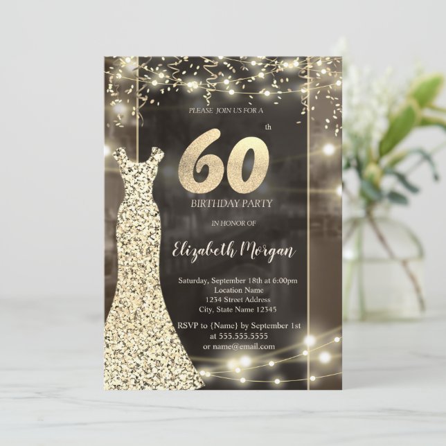 Sequins Dress String Lights 60th Birthday Invitation (Standing Front)