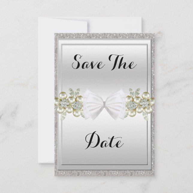 Sequins & Floral Gems Glitter Bow Save The date (Front)