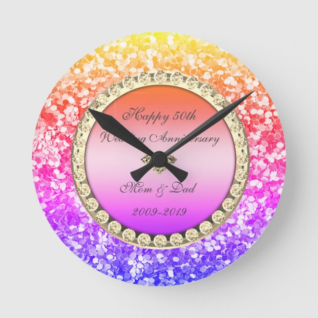 Sequins Glitter Diamonds 50th Wedding Anniversary Round Clock (Front)