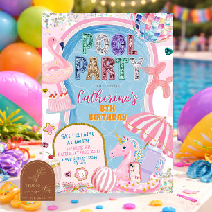Sequins Glitter Pool Party Girl Birthday Invitation