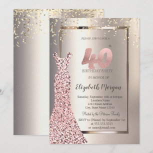 Sequins Rose Gold Dress Ivory 40th Birthday Invitation