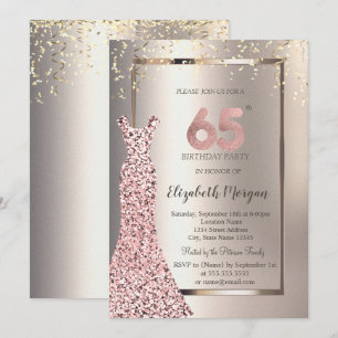 Sequins Rose Gold Dress Ivory 65th Birthday Invitation