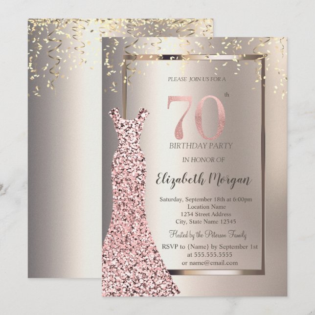 Sequins Rose Gold Dress Ivory 70th Birthday Invitation (Front/Back)