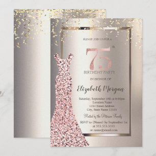 Sequins Rose Gold Dress Ivory 75th Birthday Invitation
