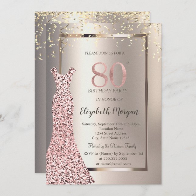 Sequins Rose Gold Dress Ivory 80th Birthday Invitation (Front/Back)