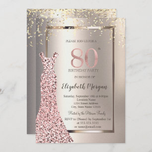 Sequins Rose Gold Dress Ivory 80th Birthday Invitation