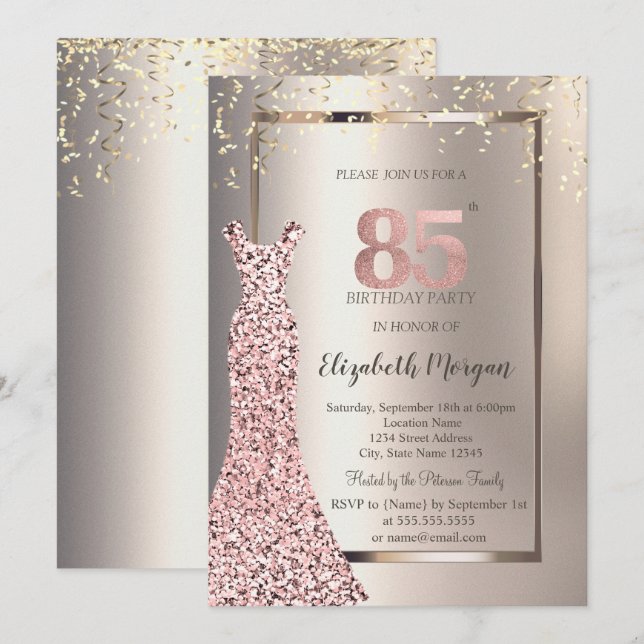 Sequins Rose Gold Dress Ivory 85th Birthday Invitation (Front/Back)