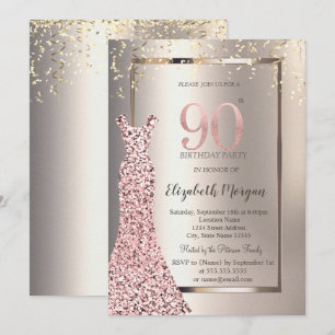 Sequins Rose Gold Dress Ivory 90th Birthday Invitation