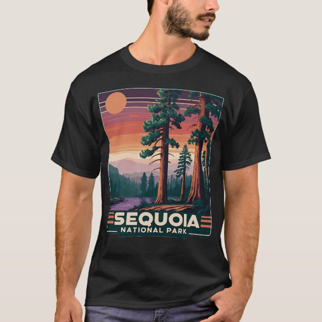 Sequoia National Park Retro Sunset Landscape Graph T-Shirt (Front)