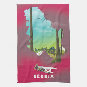 Serbia Illustrated map travel poster Tea Towel