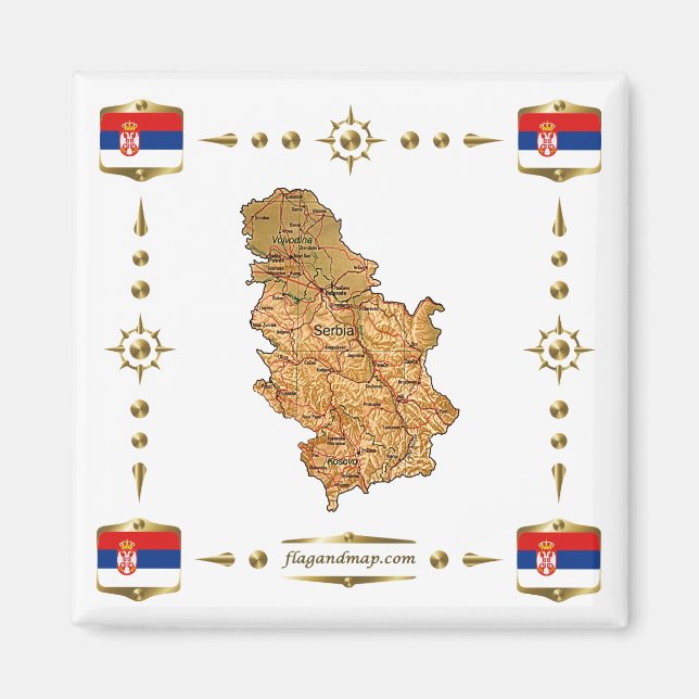 Serbia Map + Flags Magnet (Front)