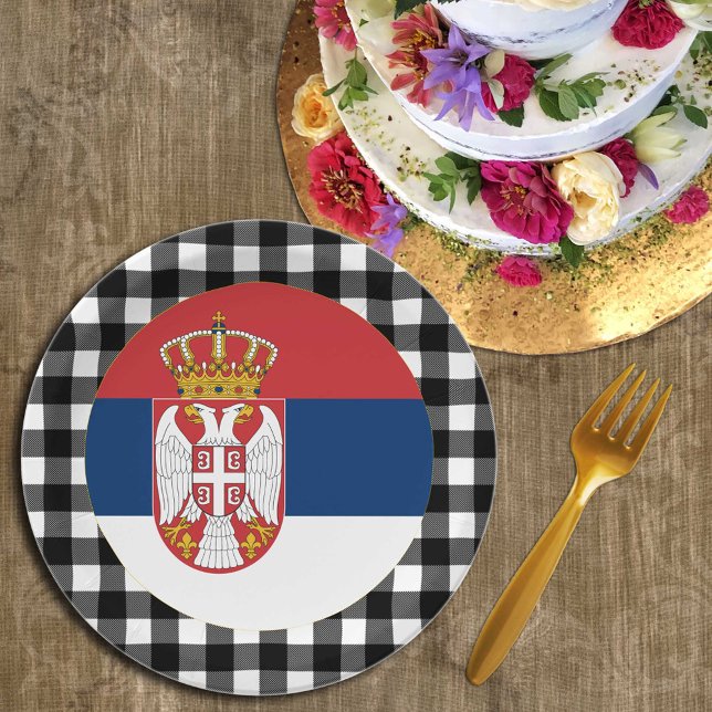 Serbia Plate, buffalo plaid & Serbian Flag Paper Plate (Creator Uploaded)
