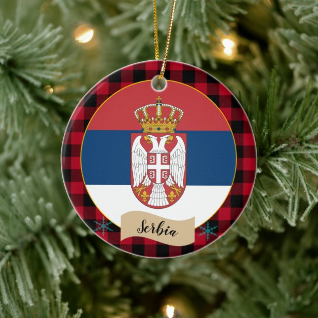 Serbia, Red buffalo plaid & Serbian Flag Ceramic Tree Decoration (Tree)