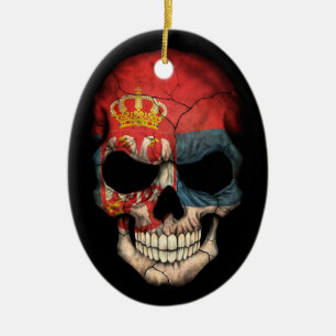 Serbian Flag Skull on Black Ceramic Tree Decoration