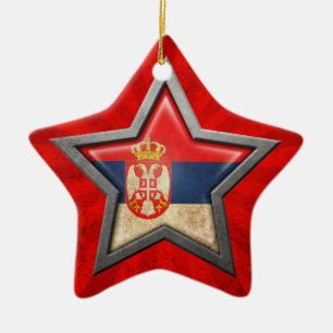 Serbian Flag Star with Rays of Light Ceramic Tree Decoration