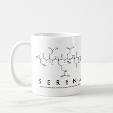 Mug featuring the name Serena spelled out in the single letter amino acid code