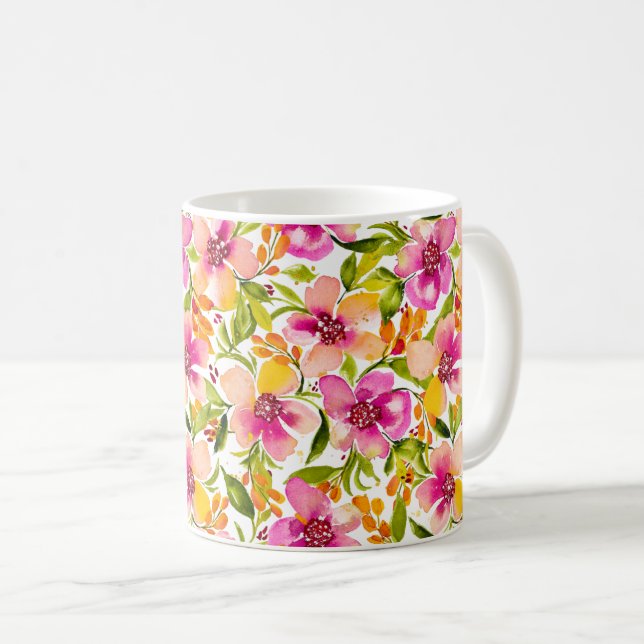 Serena-Pink and Yellow Watercolor Floral Coffee Mug (Front Right)