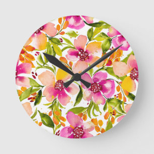 Serena Pink and Yellow Watercolor Floral Round Clock