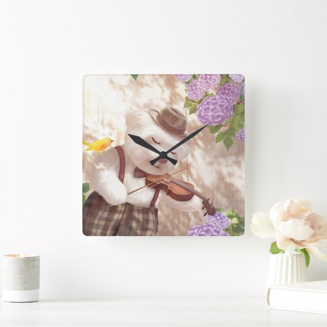 Serenade in Nature: Smiling Bichon Playing Violin Square Wall Clock (Home)