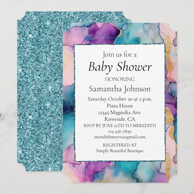 Serendipity Crystal Aqua Blue Purple Baby Shower Invitation (Front/Back)