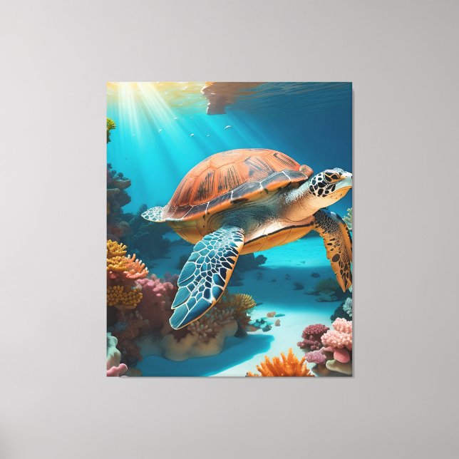 Serene 3D Sea Turtle in Ocean -Tranquil Marine Lif Canvas Print (Front)