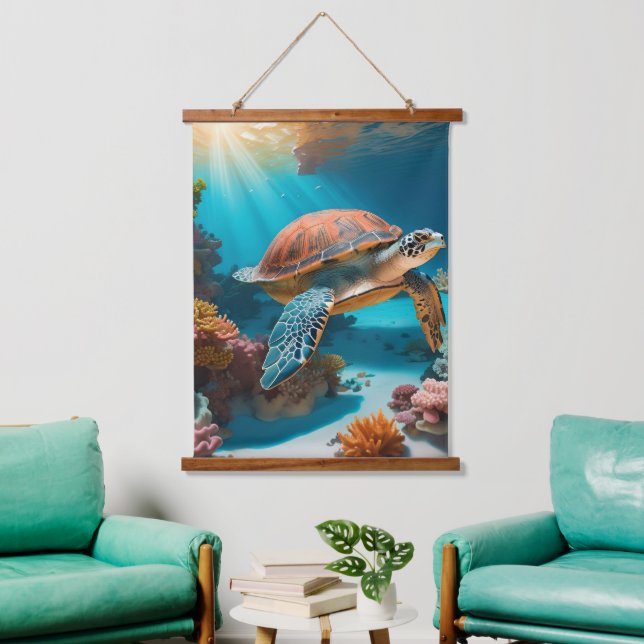 Serene 3D Sea Turtle in Ocean -Tranquil Marine Lif Hanging Tapestry (Living Room)