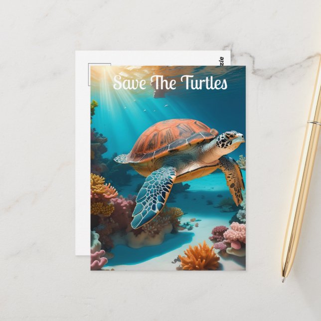 Serene 3D Sea Turtle in Ocean -Tranquil Marine Lif Postcard (Front/Back In Situ)