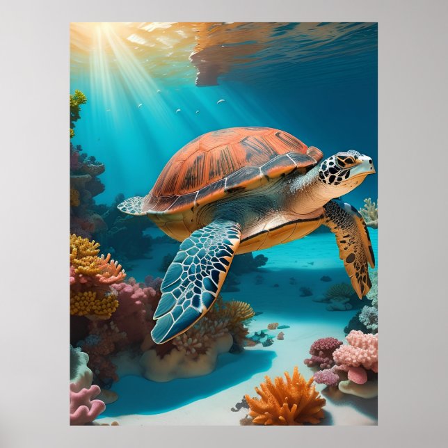 Serene 3D Sea Turtle in Ocean -Tranquil Marine Lif Poster (Front)