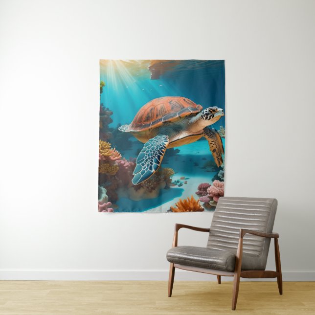 Serene 3D Sea Turtle in Ocean -Tranquil Marine Lif Tapestry (In Situ)