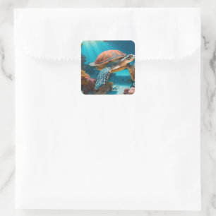 Serene 3D Sea Turtle in Ocean Tranquil Marine Life Square Sticker