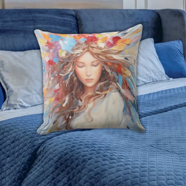 Serene Abstract Angel Pillow - Vibrant Artistic  (Serene Bright Colorful Angel Abstract Pillows on a Blue Bed Free Spirit Vibe for Any Age)