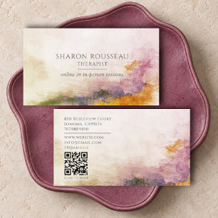 Serene Abstract Watercolor Therapist QR Code Business Card