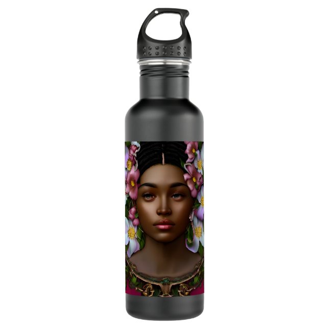 Serene African-American Woman with Flowers 710 Ml Water Bottle (Front)