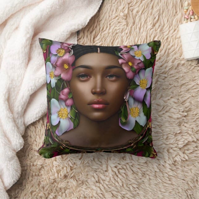 Serene African-American Woman with Flowers Cushion (Blanket)