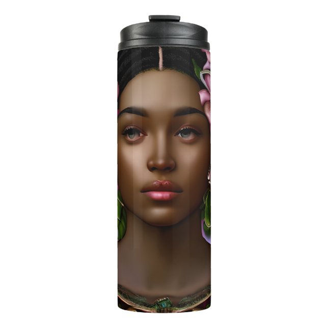 Serene African-American Woman with Flowers Thermal Tumbler (Front)