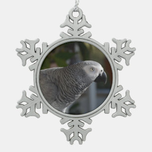 Serene African Grey Parrot Snowflake Pewter Christmas Ornament