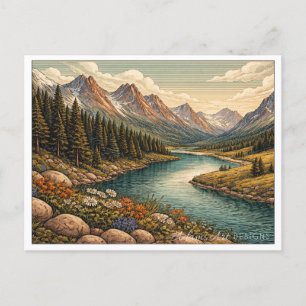 Serene Alpine River Valley Vintage Landscape Holiday Postcard